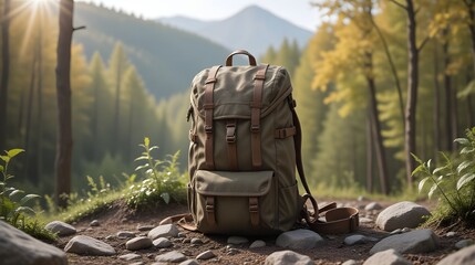 Stunning vintage olive backpack rests on a rocky trail overlooking a sunlit mountain forest adventure