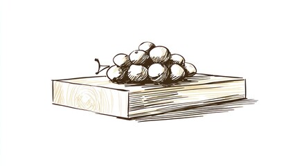 Pen and ink illustration of a cluster of small, round fruit resting on a wooden block