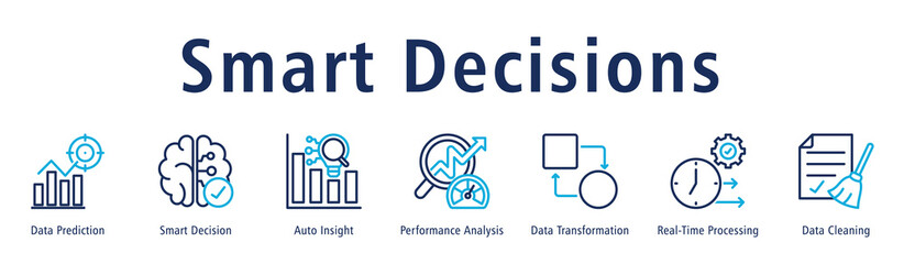Smart Decisions web banner showcasing Data Prediction, Smart Decision, Auto Insight, Performance Analysis, Data Transformation, Real-Time Processing, and Data Cleaning.