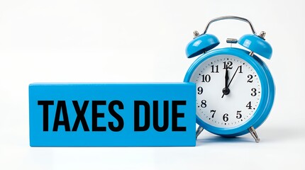 Blue alarm clock shows approaching time next to a bright blue block with bold black text reading TAXES DUE representing urgency and deadlines finance financial money payment payment due