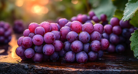Bunches of Ripe Purple Grapes in Vineyard at Sunset