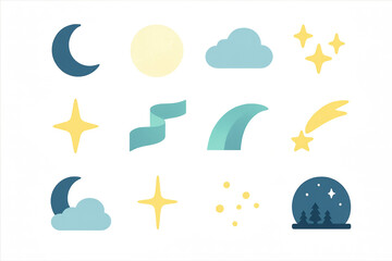 Stylized night sky illustration with moon, stars, and clouds on a black background