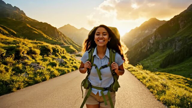 Woman hiking along winding mountain road at golden hour. Smiling female backpacker with backpack exploring scenic alpine trail. Outdoor adventure travel and nature exploration concept.