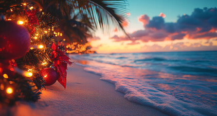 Sunset at the Beach with Decorated Palms and Golden Reflection on Sea
