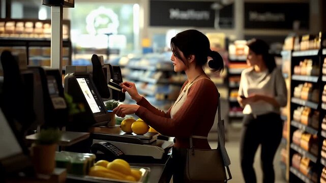 Holiday shopping season. Retail business promotion concept. A digital rendering of a woman in a grocery store setting. The style is realistic with a touch of stylization.