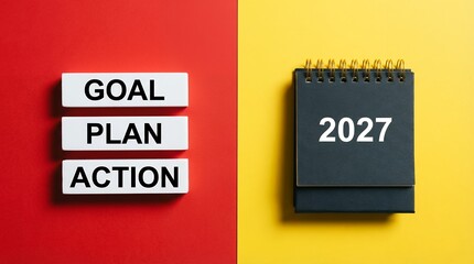 Obraz premium Three white blocks displaying GOAL PLAN ACTION stacked vertically on a red background next to a dark calendar with the year 2027 displayed on a yellow background planning strategy business