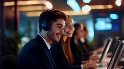 Holiday shopping season. Retail business promotion concept. A closeup of a man wearing a headset, smiling at the camera. He is wearing a black suit with a white shirt and a black tie.