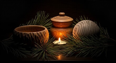 Warm glow of a candle illuminating handcrafted wooden bowls and pine branches on a dark, reflective surface.