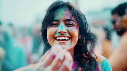A young South Asian woman smiles joyfully, her face and arms covered in vibrant blue powder. The background features blurred figures celebrating Holi, the Festival of Colours.