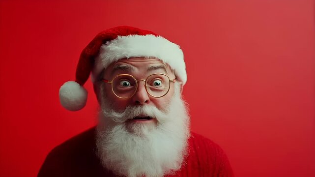 Winter holiday celebration concept. Christmas New Year. A closeup of a man with a surprised expression wearing a Santa hat and glasses. He has a white beard and mustache, and his eyes are wide open.
