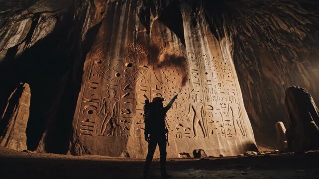 Astronaut holding flaming torch in dark cave. Explorer illuminating rocky cavern with firelight. Sci-fi adventure and underground discovery concept for space mission visualization.