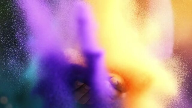 Hands holding vibrant colored powders during Holi festival. Bright purple and yellow hues create a festive atmosphere. Colorful dust particles float in the air.