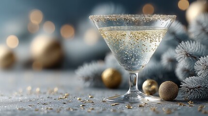 Luxury Christmas celebration scene with sparkling champagne glass, metallic ornaments and flying confetti stars, perfect for festive holiday promotions.