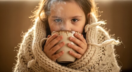 A young girl wrapped in a warm knitted blanket, holding a steaming mug of hot chocolate, looking cozy and content.