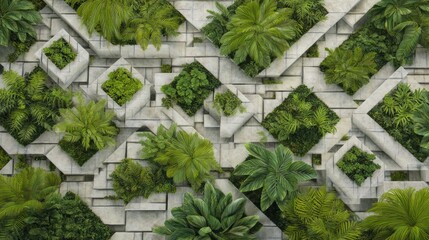 Overhead view showcasing a geometric arrangement of green plants embedded in concrete shapes
