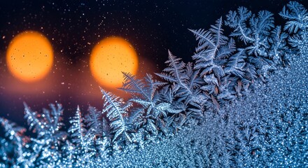 Intricate frost patterns on a window with two blurred warm lights in the background, creating a beautiful winter scene.