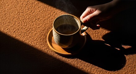 Hand holding a ceramic cup of coffee or tea on a textured surface with dramatic sunlight and shadow.
