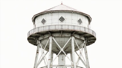 Low-angle, weathered, white metal water tower isolated against a stark white backdrop