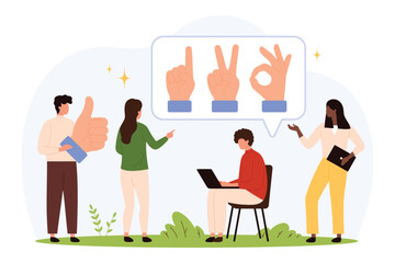 Group of diverse people using hand gestures and sign language for effective communication, teamwork, and understanding in a modern flat style isolated vector illustration