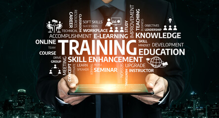 This image illustrates the concept of skill enhancement and professional development through online training and e-learning, emphasizing knowledge and educational growth. Tessel