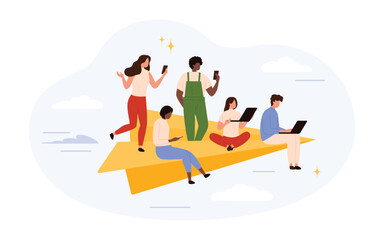 Group of diverse young adults with smartphones and laptops sitting and standing on a large yellow paper airplane symbolizing digital communication and teamwork isolated vector illustration