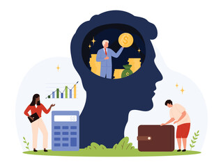 Business people exploring financial mindset, investment strategies, profit growth, and wealth accumulation with charts, coins, and calculator in flat style isolated vector illustration