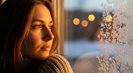 A pensive woman with long brown hair looks out a frosted window during golden hour, wearing a cozy sweater.