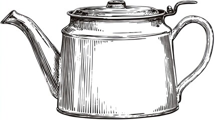 A detailed pen and ink style illustration of a classic tea pot