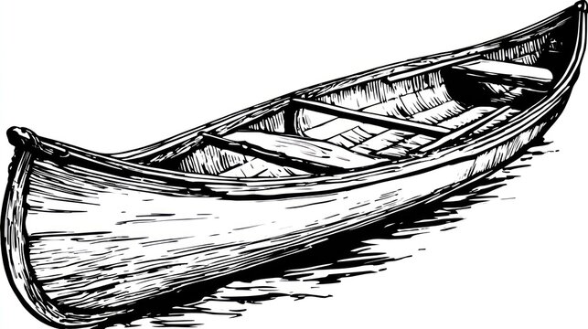 A black and white line drawing of a wooden canoe resting on a blurry water surface