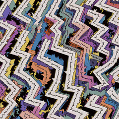Fototapeta premium Chaotic 90s zigzag maze over colorful grunge blocks