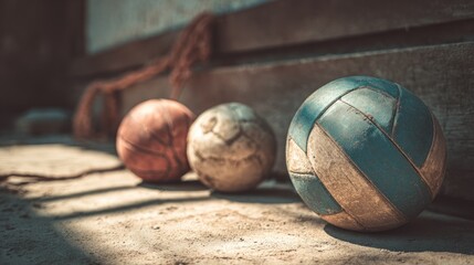 Weathered sports balls resting near a rustic wall with nostalgic tones