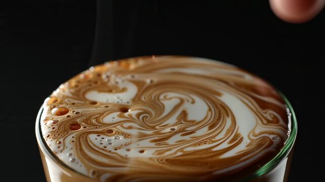 A close-up shot of a delicious coffee drink with beautiful swirling latte art patterns on its creamy surface, set against a dark background.