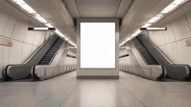 Blank billboard at modern subway station with escalators with urban transport hub.