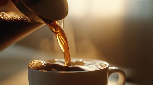 Freshly brewed coffee being poured from a glass carafe into a white ceramic mug, creating a warm and inviting scene with steam rising.