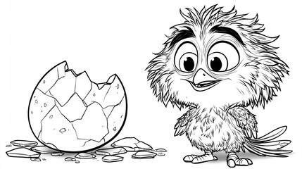 Fototapeta premium Line art of a fluffy newly hatched chick beside its broken egg