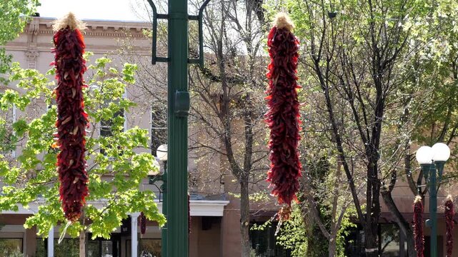 Chile ristras hang throughout the historic Plaza in Santa Fe, New Mexico, USA