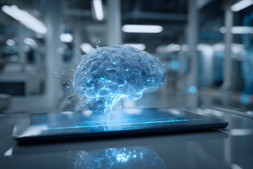Holographic brain displayed above tablet in a modern tech workspace