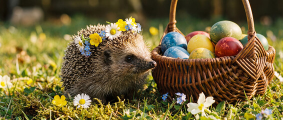 hedgehog with floral crown beside colorful easter egg basket in sunny spring garden