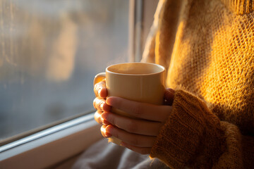 Warm hands holding a steaming cup of coffee by the window in the morning light