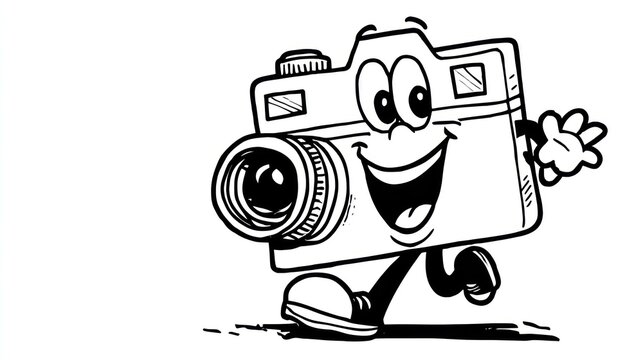 A cartoon camera with legs and arms, smiling, and walking with a white background