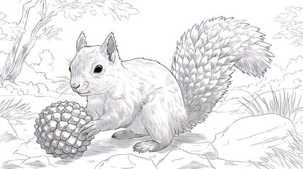 A detailed black and white illustration of a squirrel holding a pine cone in a forest © Mundhut