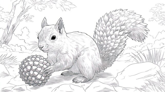 A detailed black and white illustration of a squirrel holding a pine cone in a forest