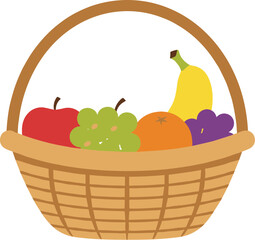 Simple cartoon illustration of a wicker basket full of fresh fruit.