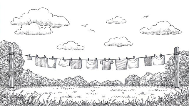 A grayscale line drawing of laundry hanging on a clothesline in a sunny outdoor setting