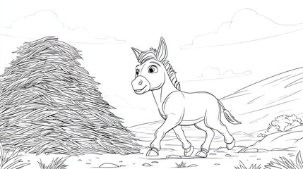 Animated line art of a donkey walking beside a hay bale in a field, with mountains