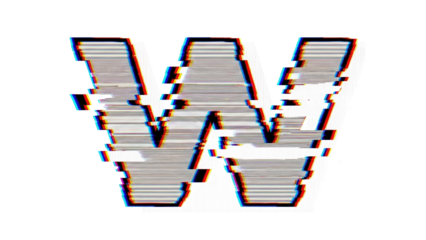 Glitch VHS letter W with VHS frame wobble and chromatic smudge on white background