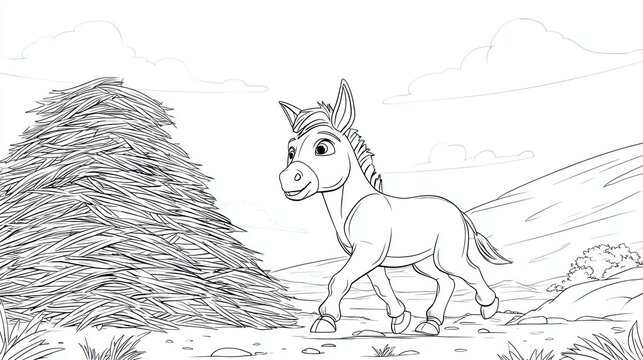 Animated line art of a donkey walking beside a hay bale in a field, with mountains