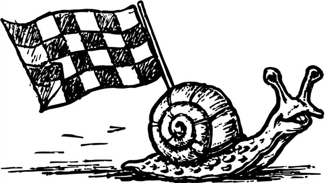 Cartoon snail, checkered flag raised, representing slow but determined victory