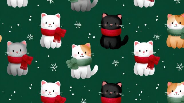 Cute cats wearing scarves seamless winter pattern