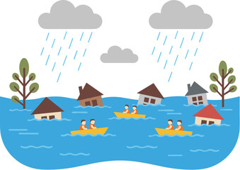 Naklejka premium People in boats escaping a severe flood disaster with submerged houses.